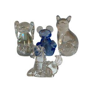 4 VTG Animal Paperweight Clear Glass Translucent Figure Unicorn Mouse Koala Cat